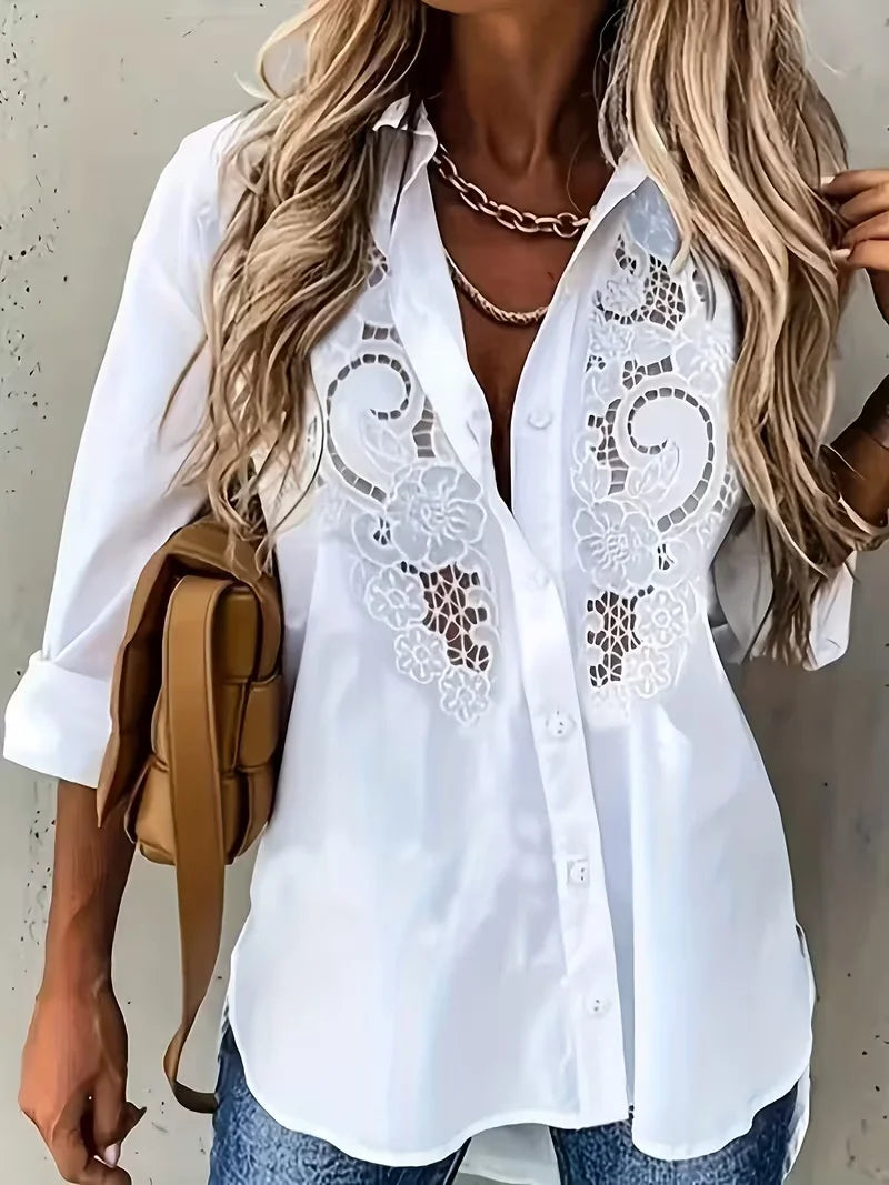 Solid Long Sleeve Women's Blouse With Embroidered Hollow Out Details