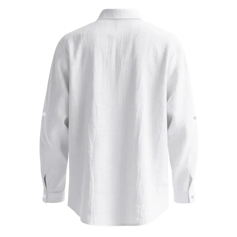 Men Linen Button Down Shirt With Mandarin Collar Long Sleeve Chest Pocket