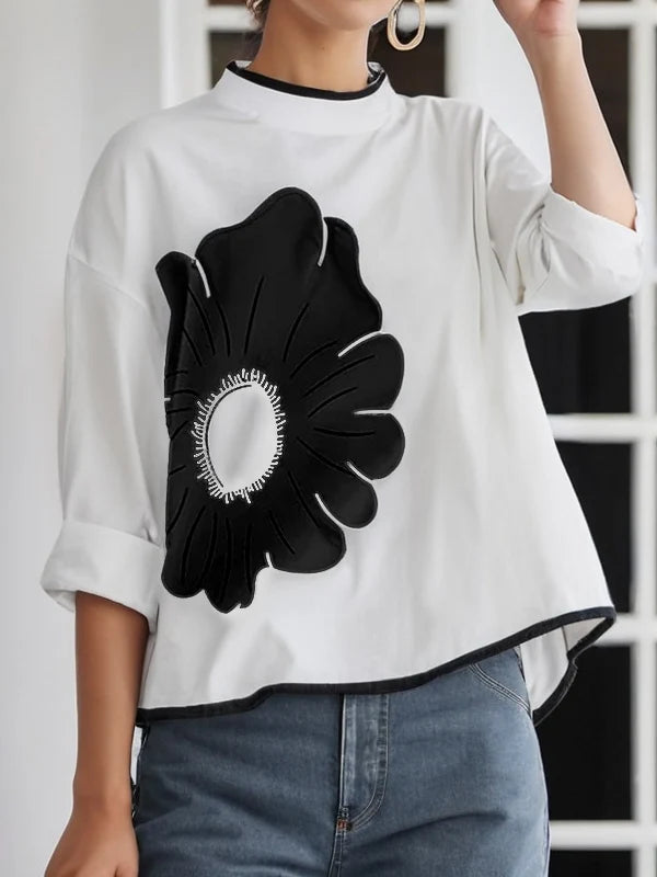 OSHOPLIVECN Womens Flower Printed Mock Neck T Shirt