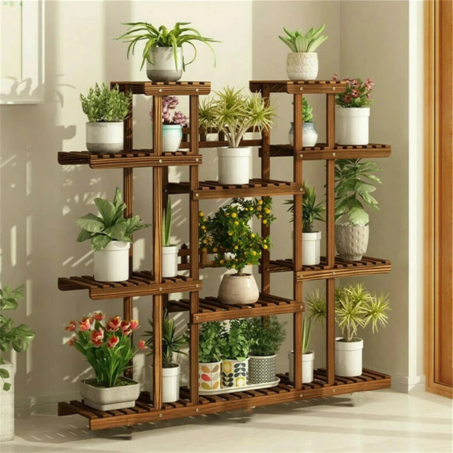 11 Tier Wood Plant Stand Carbonized Pot Display Shelf For Indoor Outdoor Decor