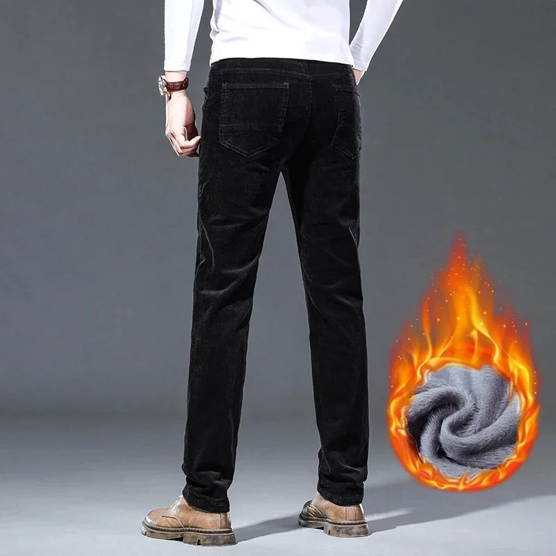Winter New Men's Corduroy Fleece Casual Pants Warm Thick Classic Fashion Straight Plush Velvet Trousers Brand Clothing Male