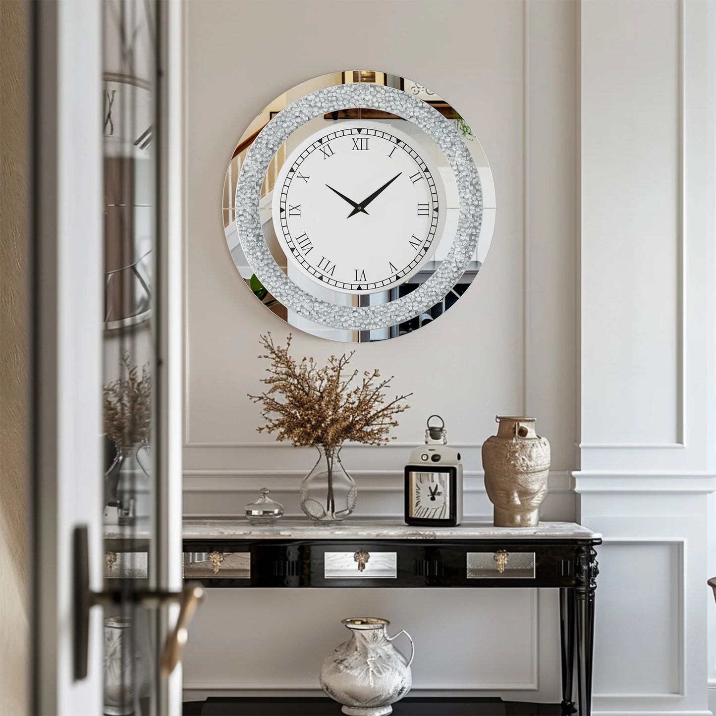 Round Mirror Wall Clock With Crystal Sparkle Accents
