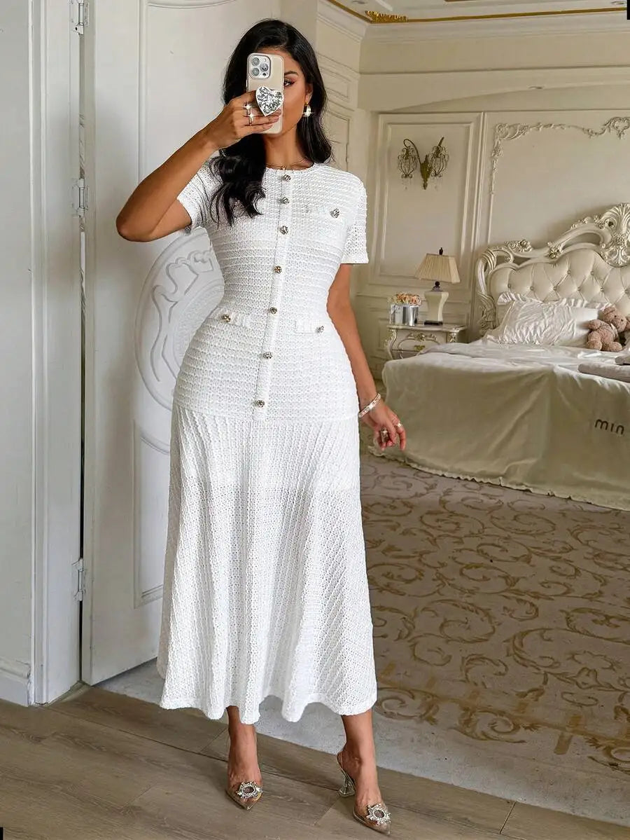 Textured Knit Dress With Front Buttons And Faux Pockets