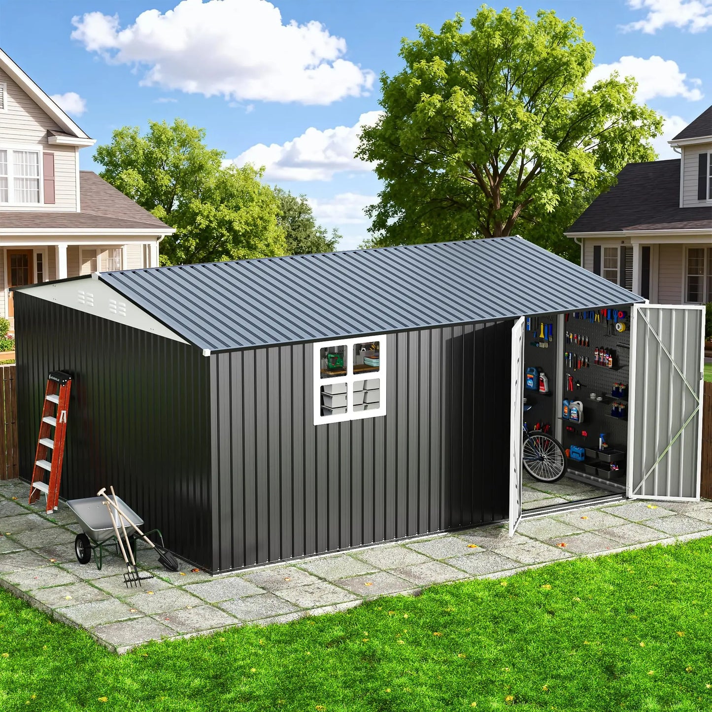 VIWAT Outdoor Metal Storage Shed With Window Lockable Door Heavy Duty Frame