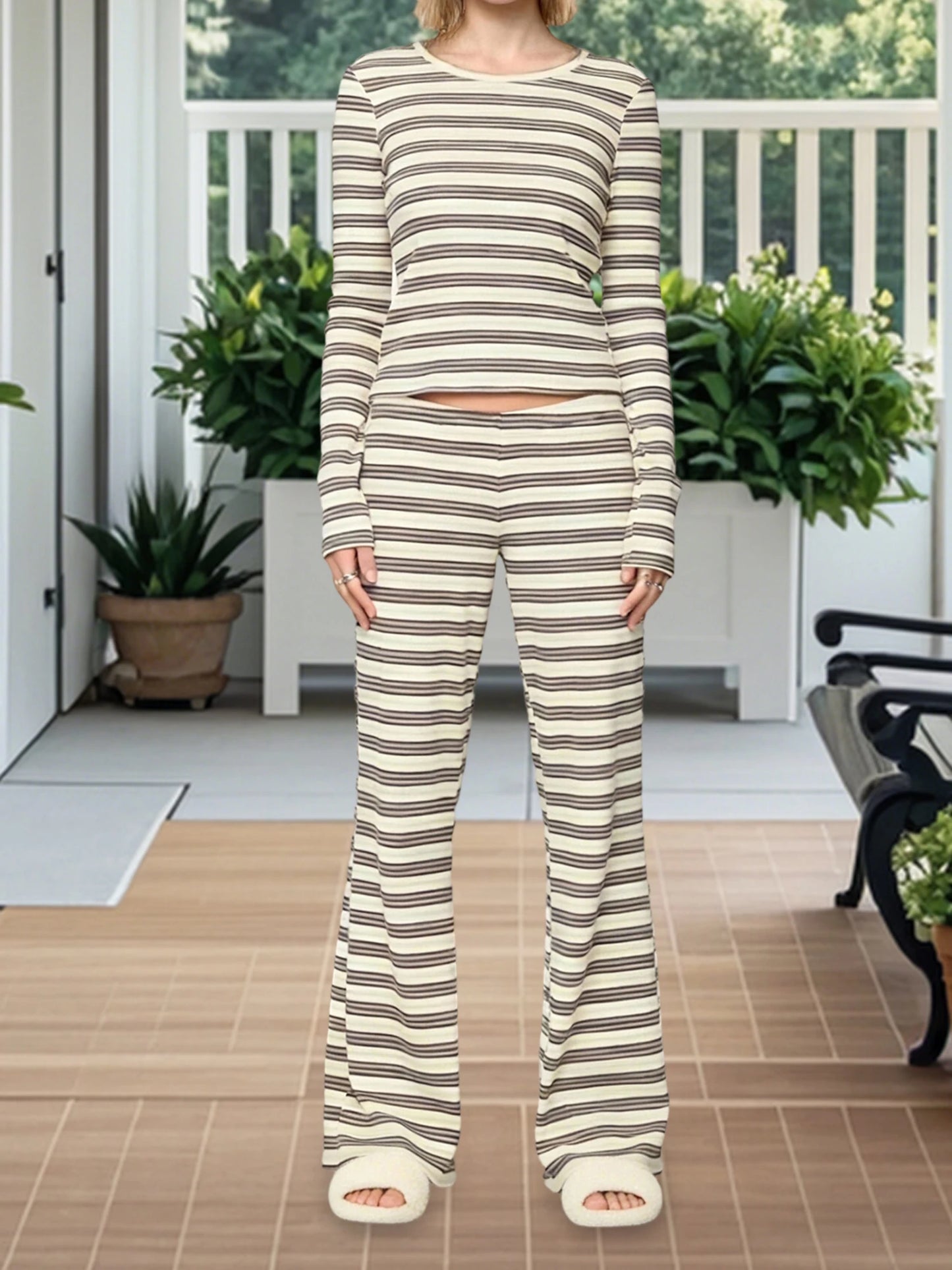 XBTCLXEBCOCN Womens Cozy Pajama Set With Striped Long Sleeve Top