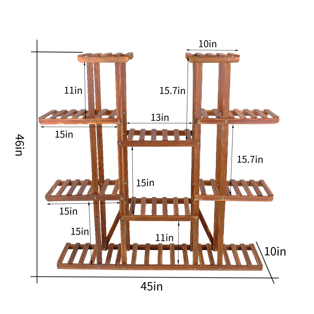 11 Tier Wood Plant Stand Carbonized Pot Display Shelf For Indoor Outdoor Decor