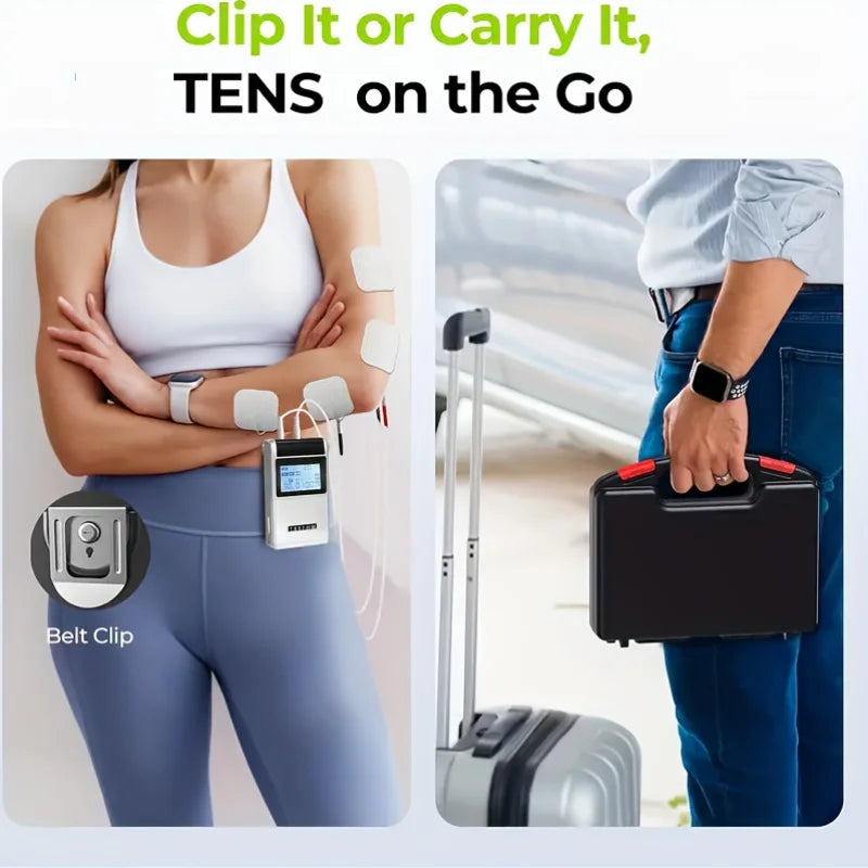 TENS EMS Rechargeable TENS Digital Device and Accessories, 20 Levels of Intensity, 48 Modes, 8 Electrode Pads, with a Carry Case