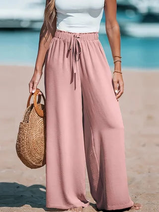 Women's Casual Wide Leg Pants With Pockets Elastic Waist