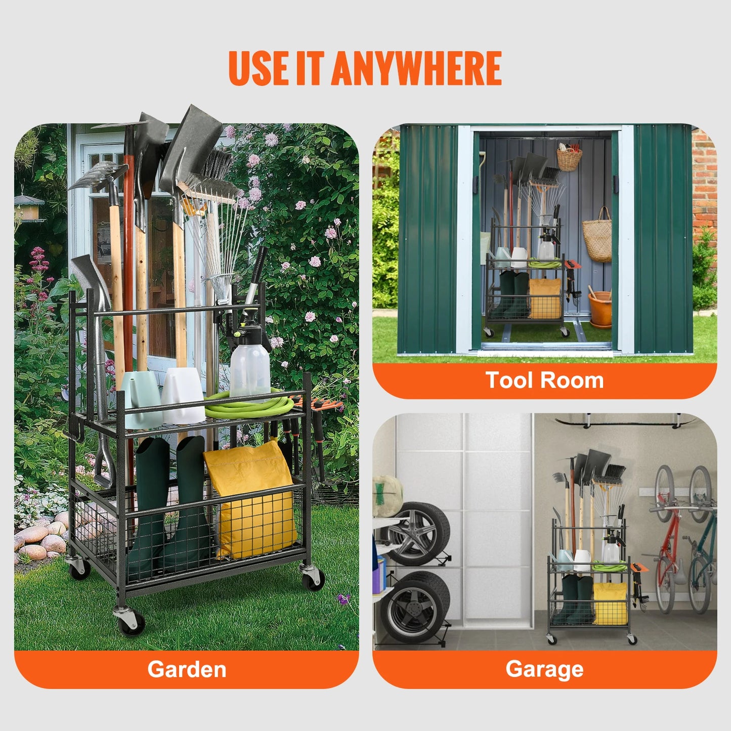 Garden Tool Organizer Rack With Hooks And Wheels Garage Storage