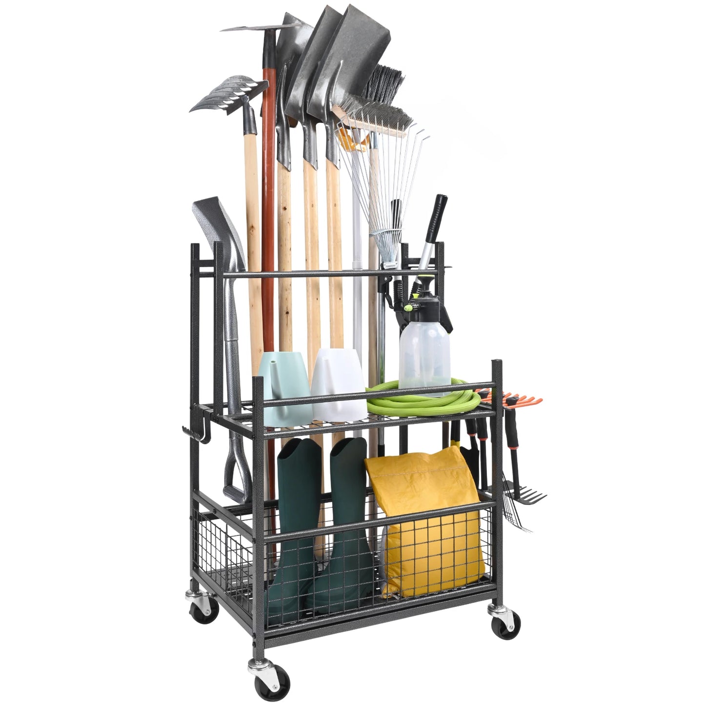 Garden Tool Organizer Rack With Hooks And Wheels Garage Storage