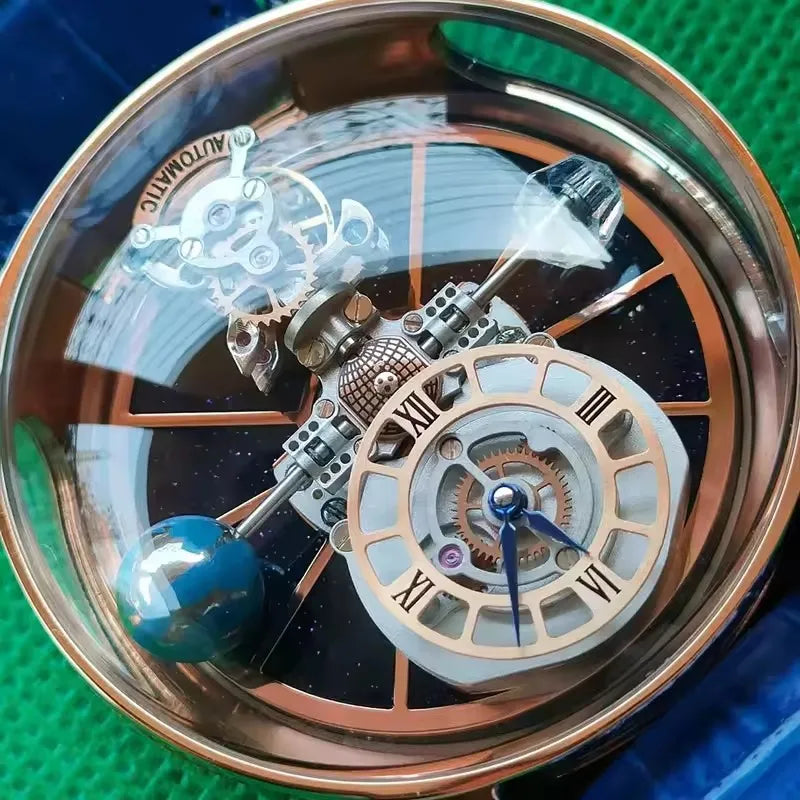 PINDU Transparent Hollow Celestial Roulette Quartz Leather Mens Watch