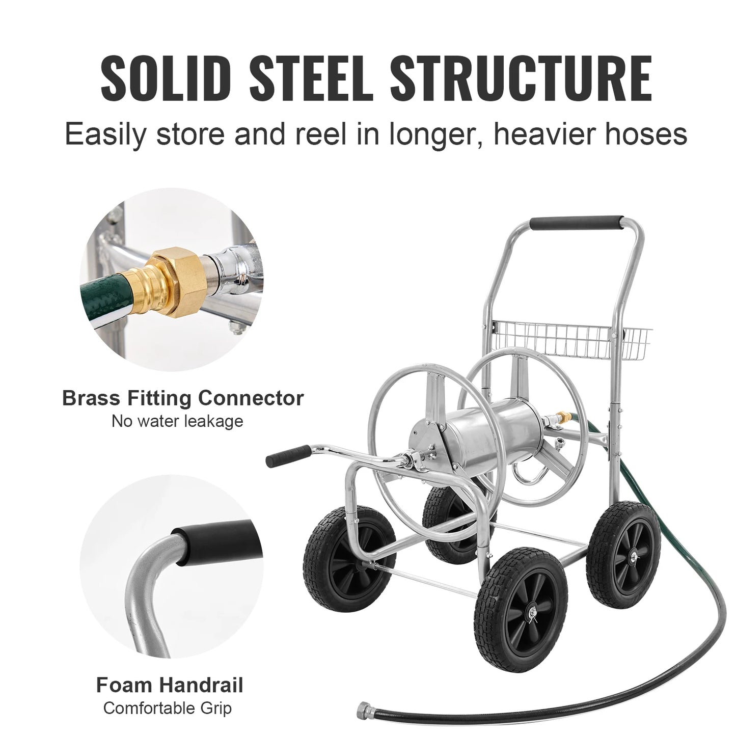 SucceBuy Hose Reel Cart 250ft Heavy Duty Garden Water Yard Planting w/ Basket Effortless Roll-up  Versatile Application Steel