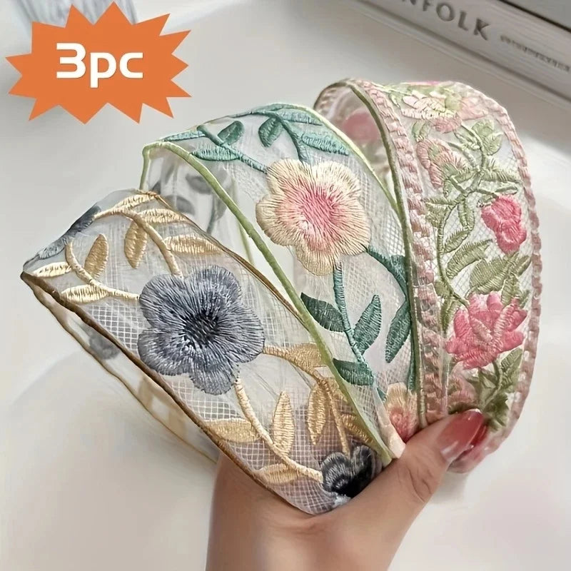 Three Pack Embroidered Floral Headbands Polyester Hair Accessories