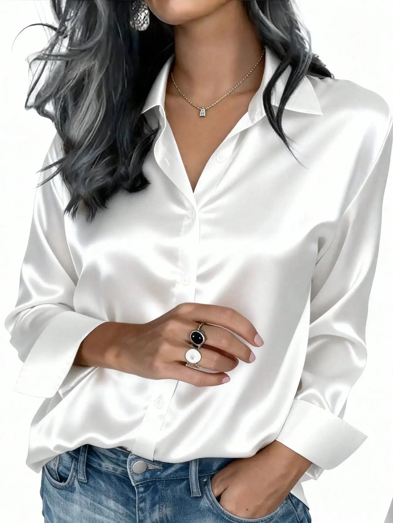 Womens Satin Button Up Blouse Office Or Casual Wear