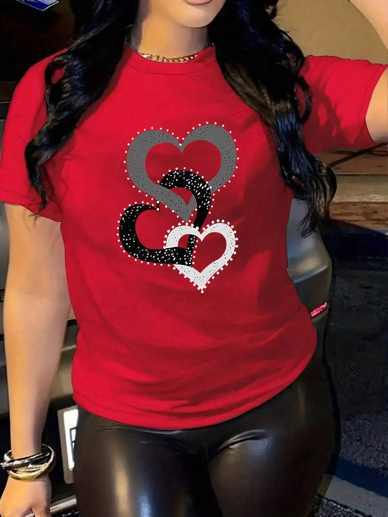 Heart Print Womens Casual Short Sleeve T Shirt Everyday Wear