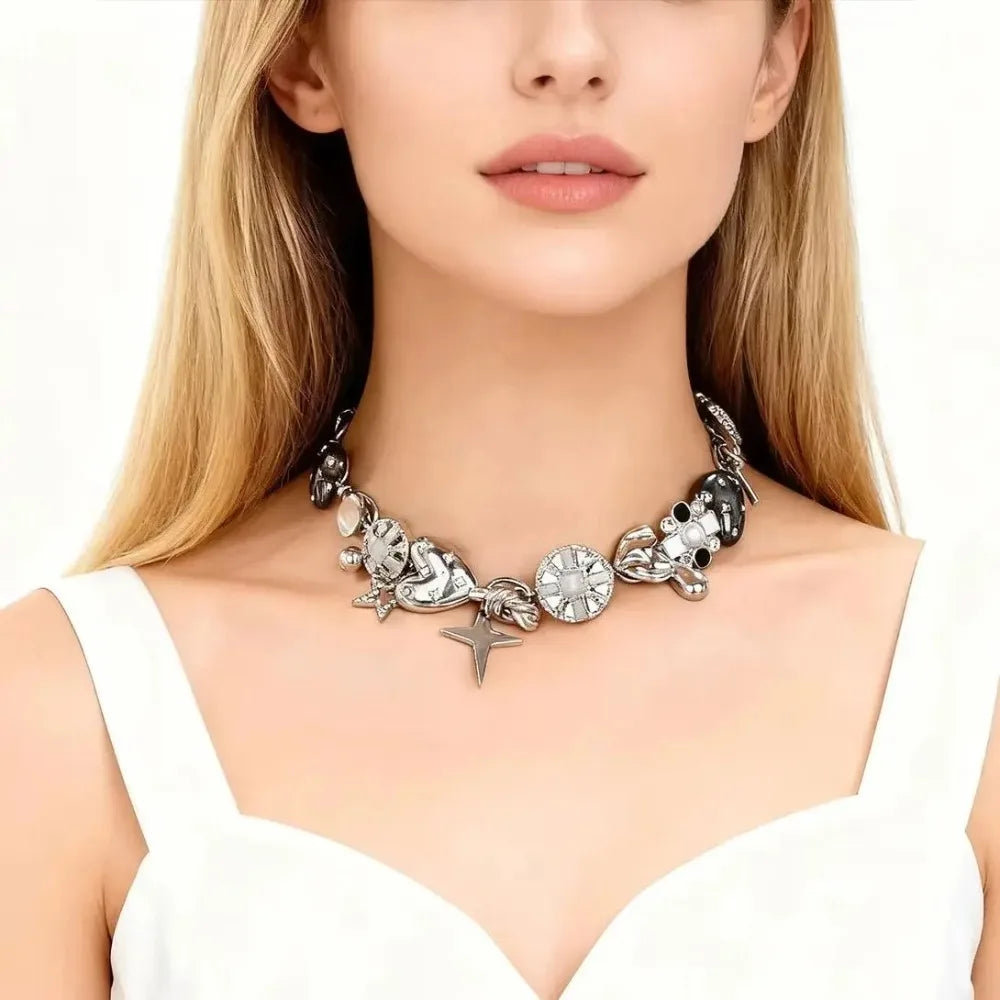 1pc Vintage Punk Rock Vibe Metal Love Flower Star Pendant Necklace Chain, Fashion Jewelry Accessory For Party & Music Festival