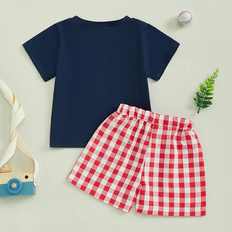Boys 2-Piece Outfit Set with Embroidered Baseball Tee and Plaid Shorts Elastic Waistband Short Sleeve Top