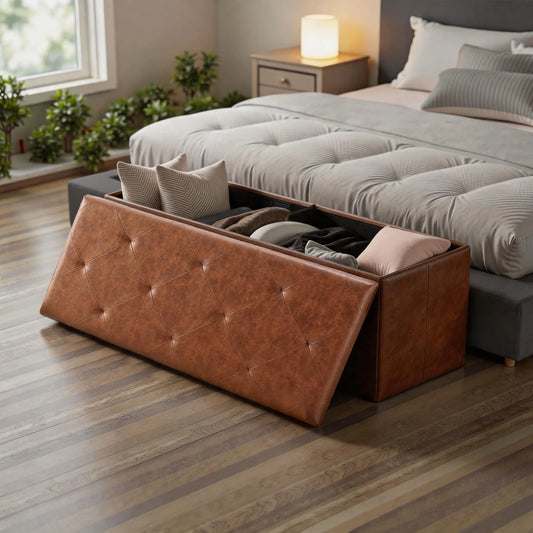 Sarenzoon Foldable Leather Storage Bench Ottoman For Home