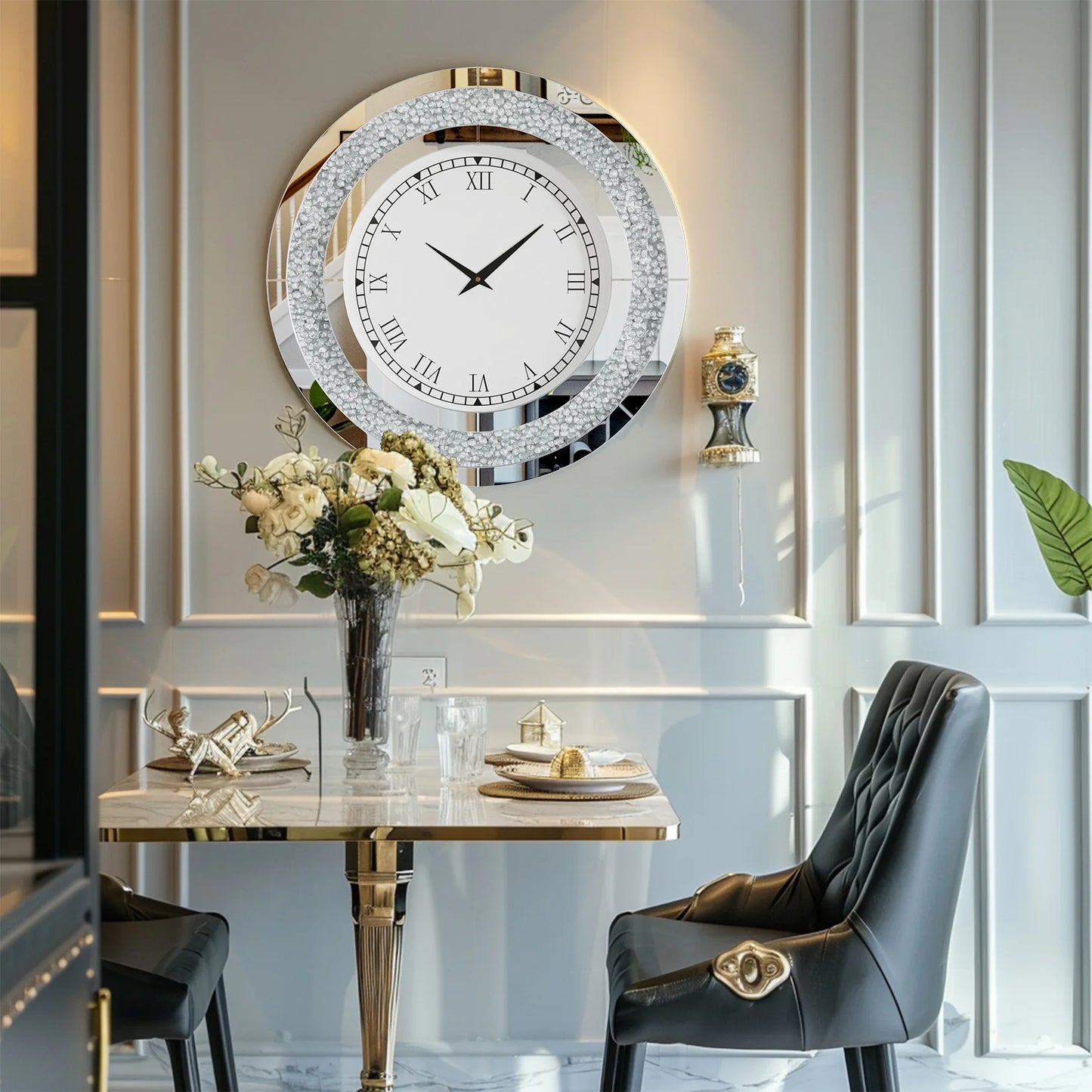 Round Mirror Wall Clock With Crystal Sparkle Accents