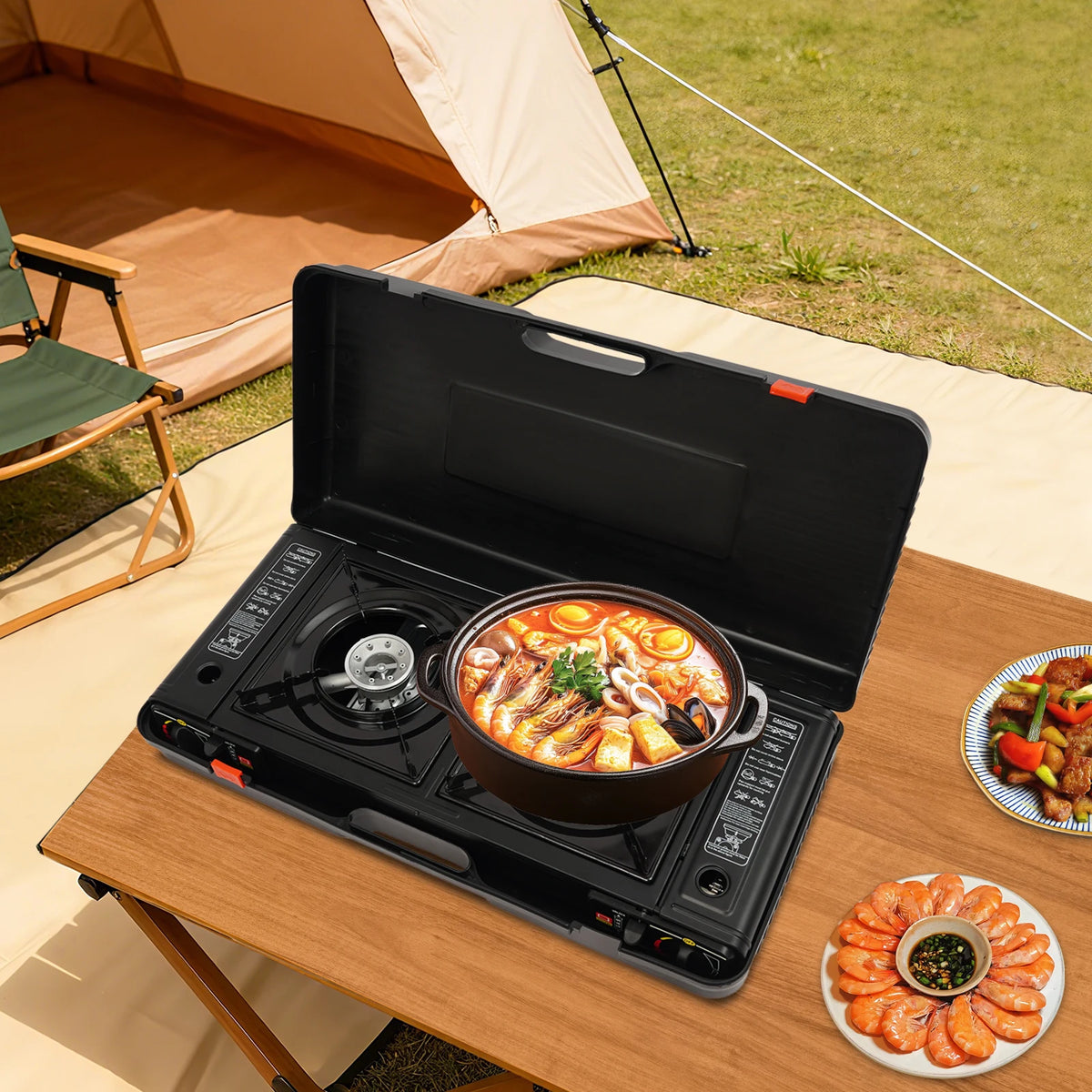 Portable Dual Burner Gas Stove With Piezo Ignition For Camping