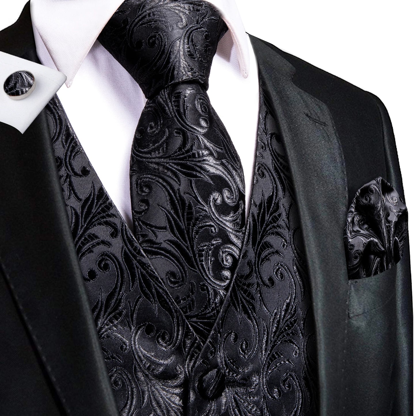 Men's Black Dress Vest Set with Tie Pocket Square Cufflinks - Jacquard Formal Tuxedo Waistcoat Suit Wedding Business Party