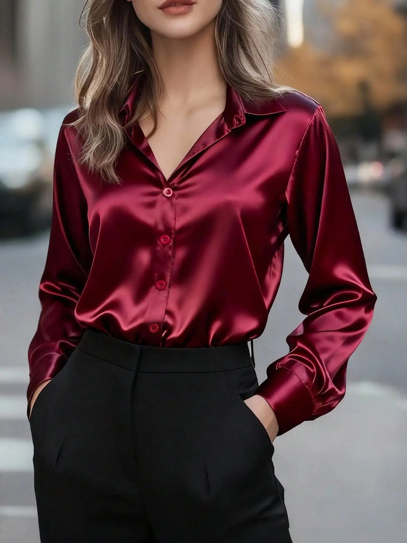Womens Satin Button Up Blouse Office Or Casual Wear