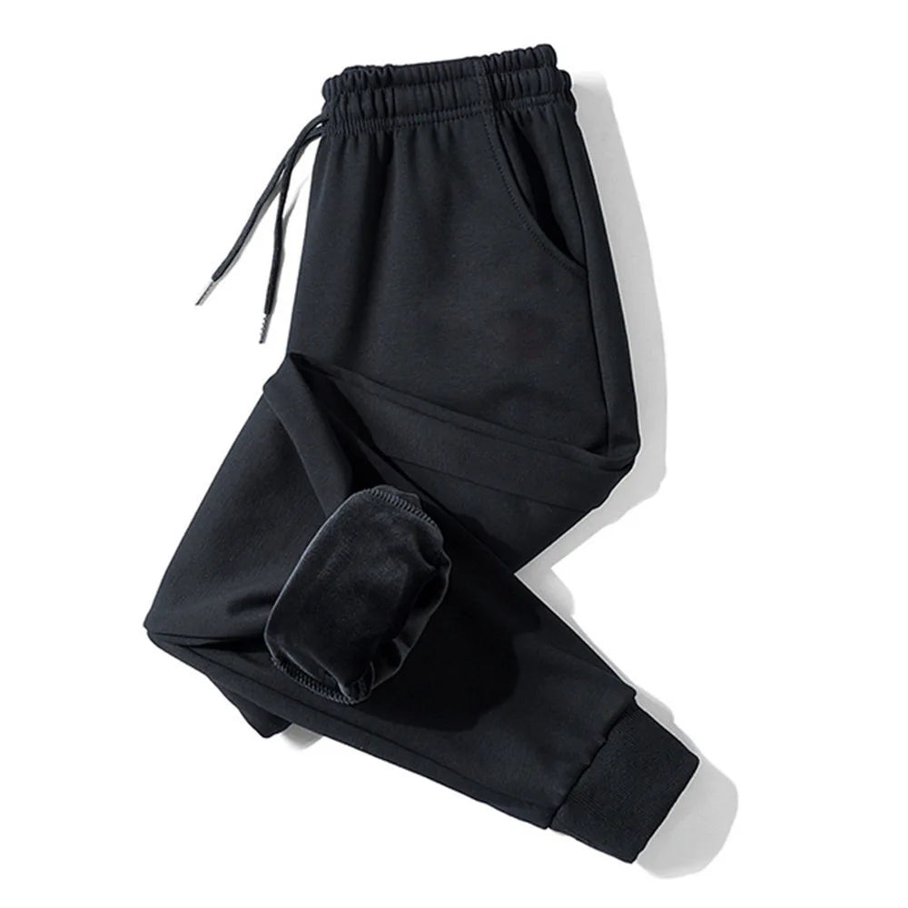 Casual Fleece Lined Drawstring Trousers Sporty Autumn Winter New Style Pure Black Warm Sweatpants Straight Fit for Men