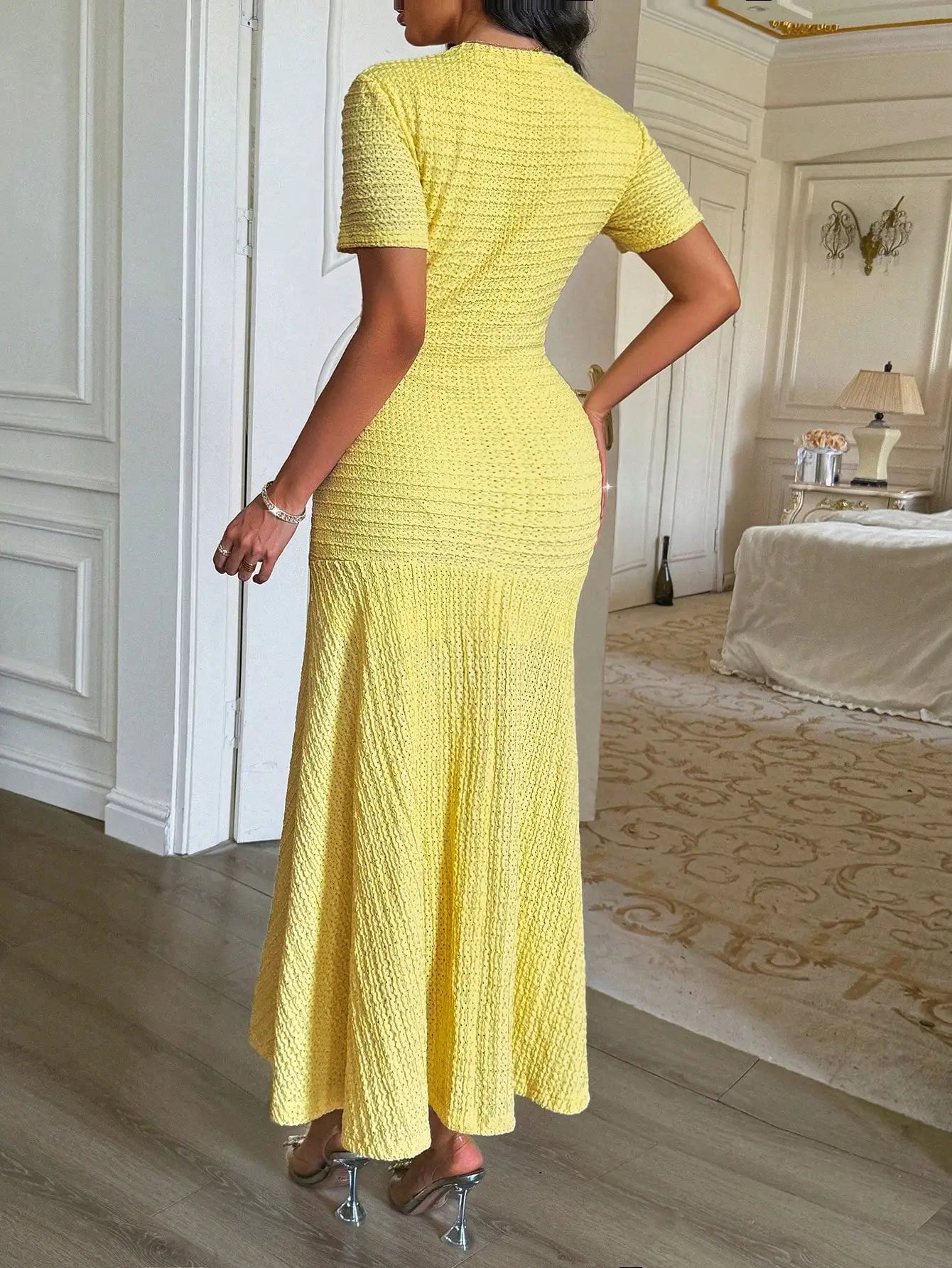 Textured Knit Dress With Front Buttons And Faux Pockets