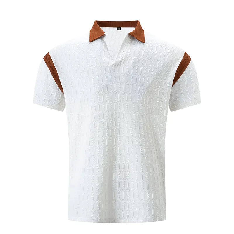 Men's Short Sleeve Jacquard Patchwork Tee With Turn-Down Collar