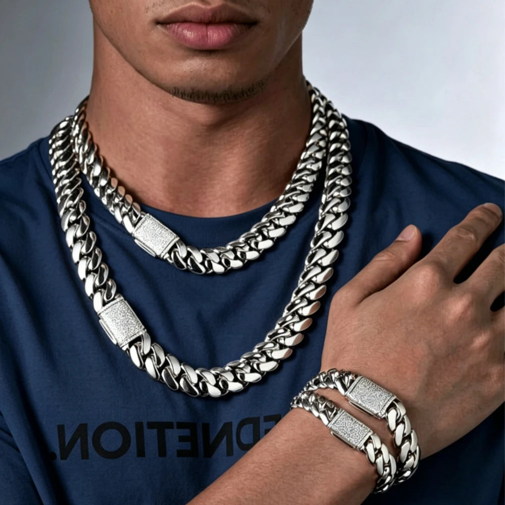 8/10/12/14mm  Solid Stainless Steel Cuban Miami Link Chain Necklaces for Men Hip Hop Bling Iced out Rapper Jewelry
