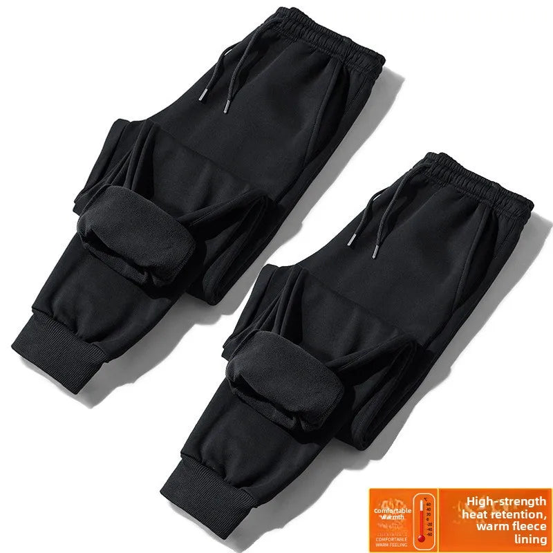 Casual Fleece Lined Drawstring Trousers Sporty Autumn Winter New Style Pure Black Warm Sweatpants Straight Fit for Men