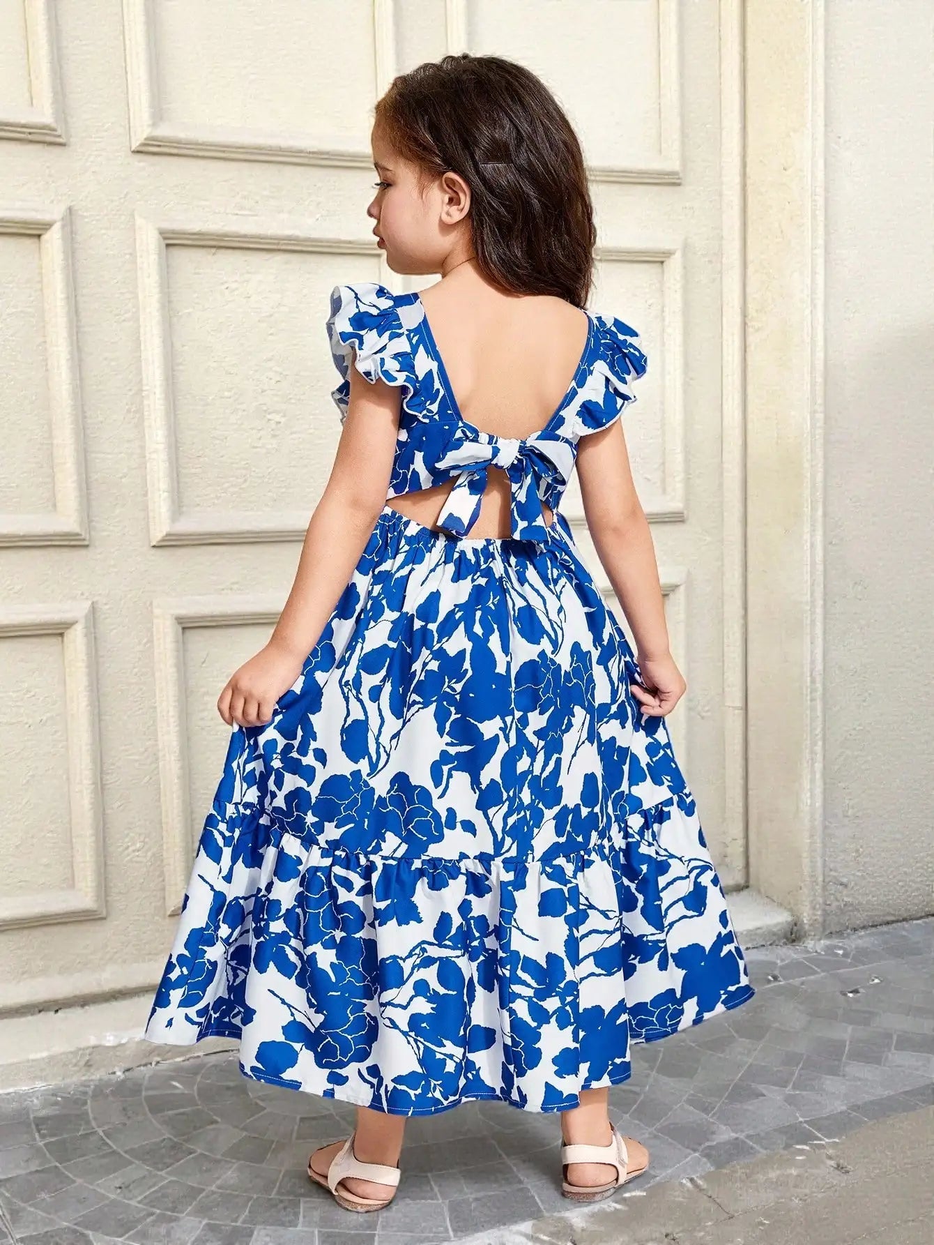 Girls Floral Print Ruffle Sleeve Bow Back Cutout Maxi Dress