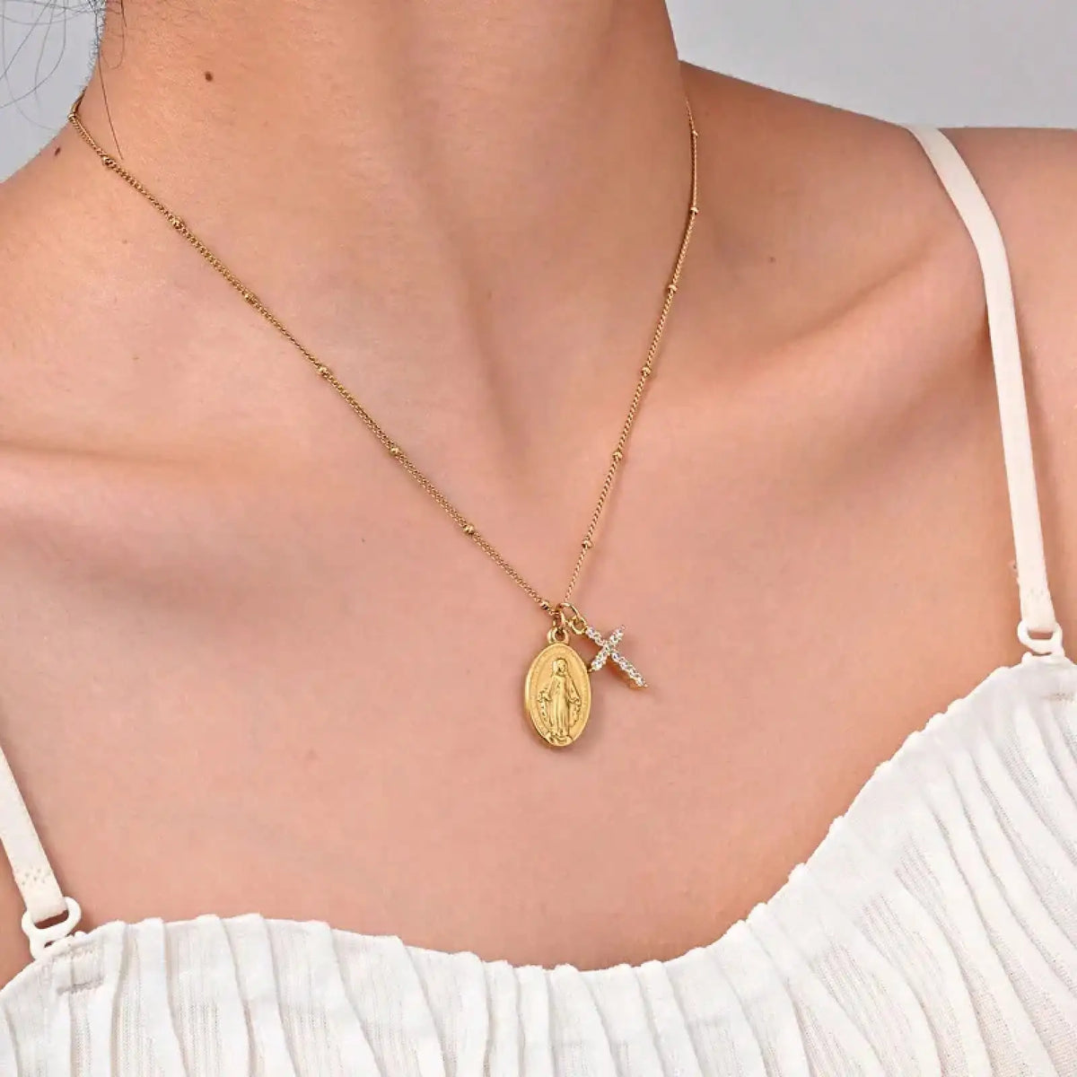 Cross Virgin Mary Pendant Necklace For Women,Stainless Steel Gold Plated Bead Chain Necklace, Religious Prayer Jewelry