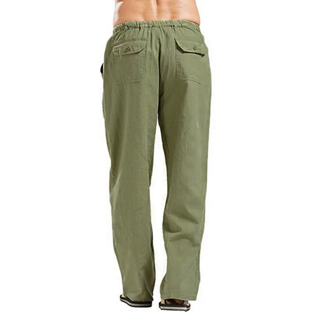 Mens Cotton Linen Pants Summer Breathable Trousers With Elastic Waist
