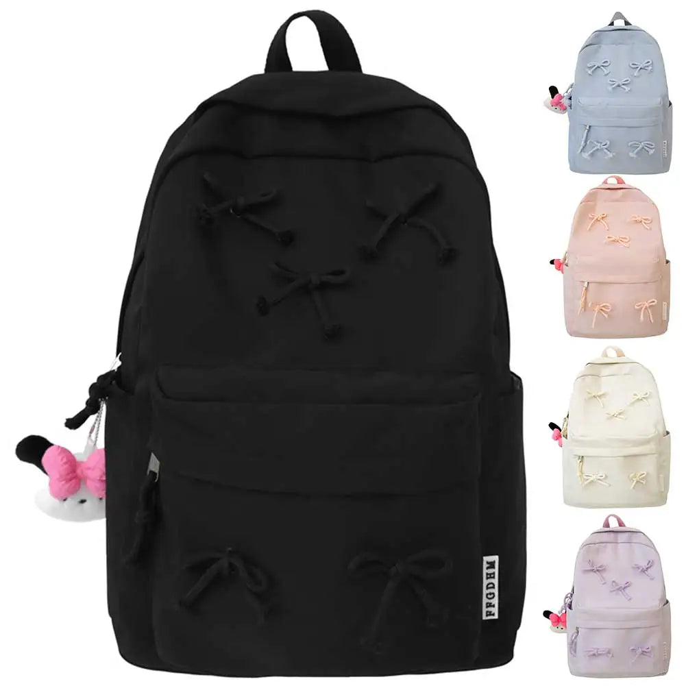 Fashion Bow Backpack Middle Shool Girls Backpack Multi-pockets Teenagers School Bag with Pendants Daily Knapsack Travel Backpack