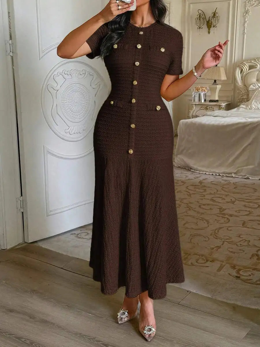 Textured Knit Dress With Front Buttons And Faux Pockets