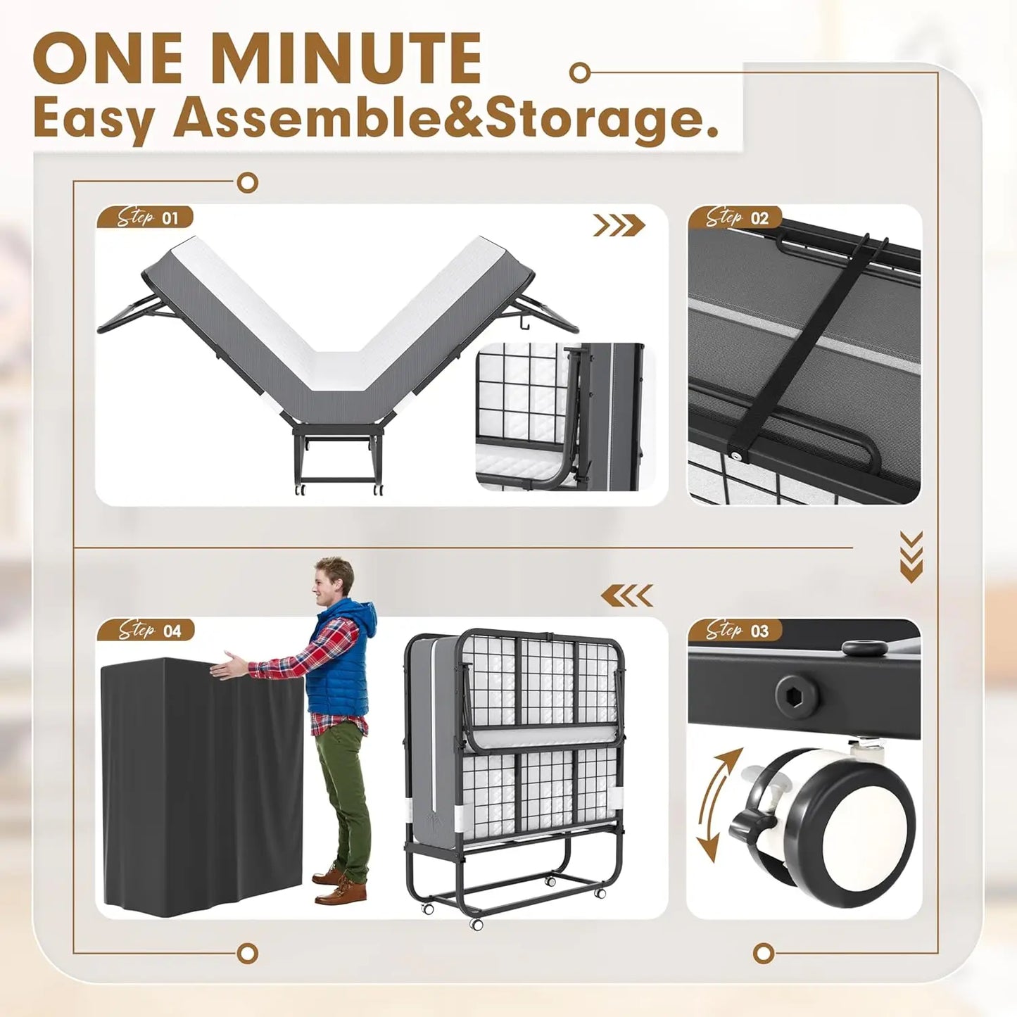 Folding Bed with Mattress, 75" x 38" Rollaway Bed with Mattress for Adults, Space-Saving Sturdy Metal Fold Up Beds,, Customized