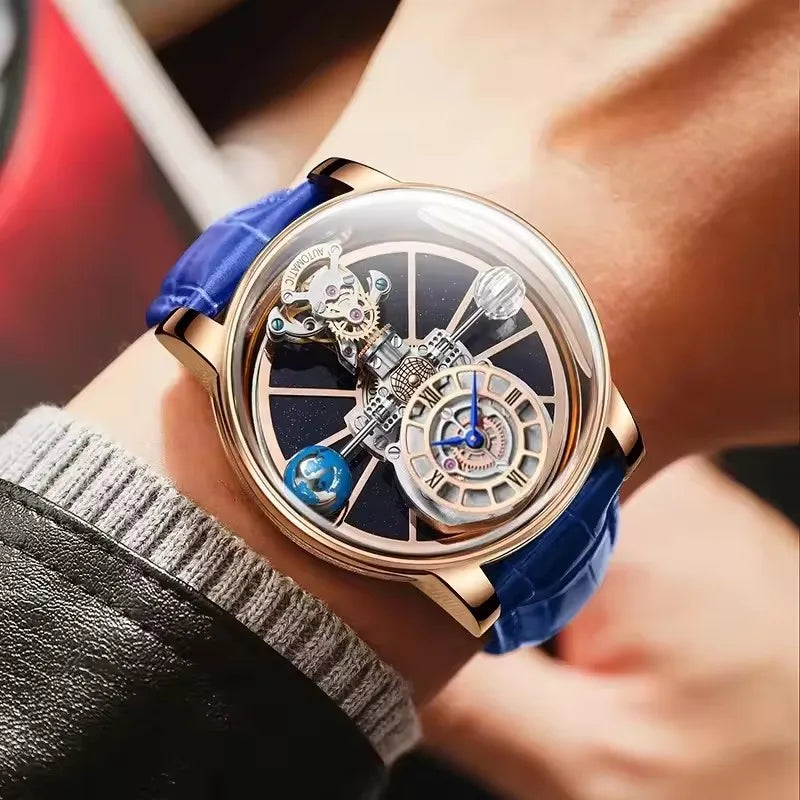 PINDU Transparent Hollow Celestial Roulette Quartz Leather Mens Watch