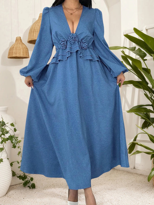 Elegant Floral Print V Neck Long Sleeve Maxi Dress for Women Flowy Loose Fit Casual Dress for Everyday Wear