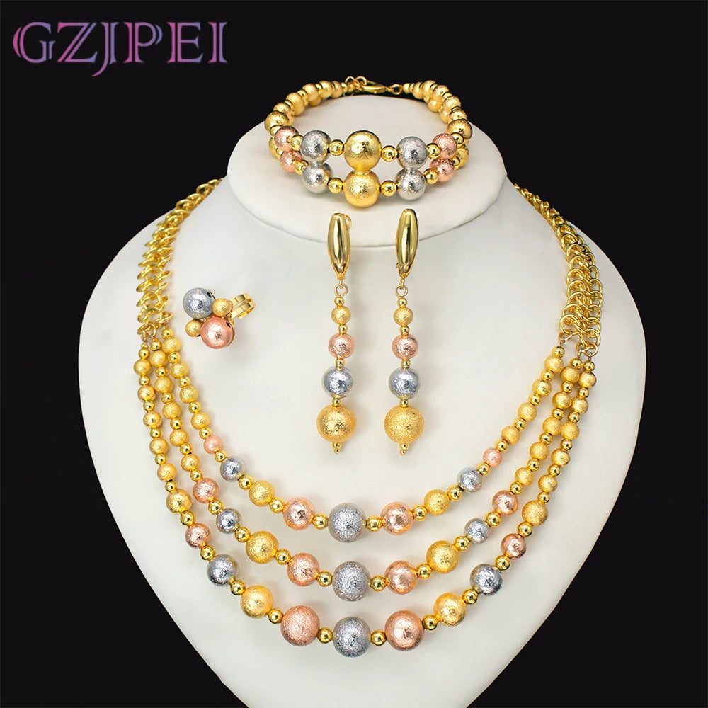 GZJPEI Four Piece Multi Layer Three Tone Beads Jewelry Set