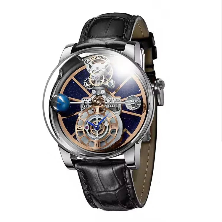PINDU Transparent Hollow Celestial Roulette Quartz Leather Mens Watch