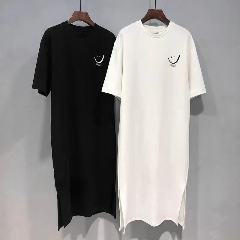 Women's Smiley Side Slit Tee Casual Loose Fit Shirt