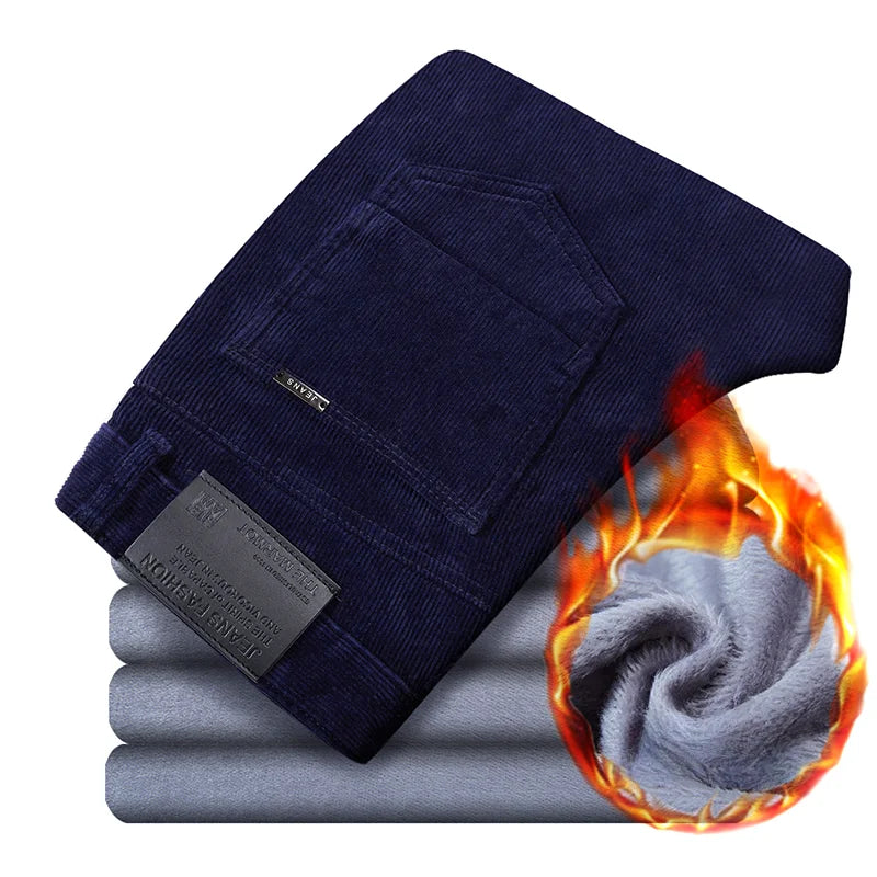 Winter New Men's Corduroy Fleece Casual Pants Warm Thick Classic Fashion Straight Plush Velvet Trousers Brand Clothing Male