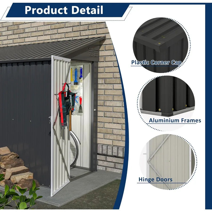 4' x 8' Metal Wall Side Storage Shed for Outdoor Use in Garden Backyard and Patio Durable Black Outdoor Storage Cabinet with Le