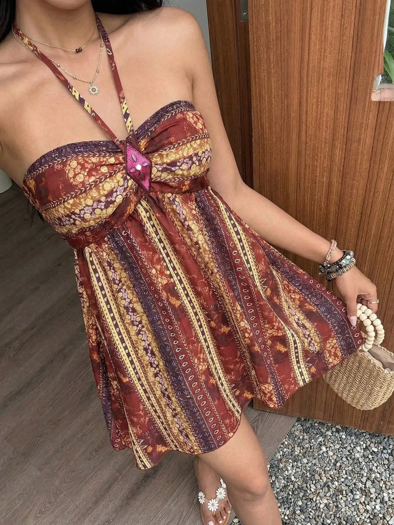 Bohemian Paisley Sequin Rhombus Halter Mini Dress For Women