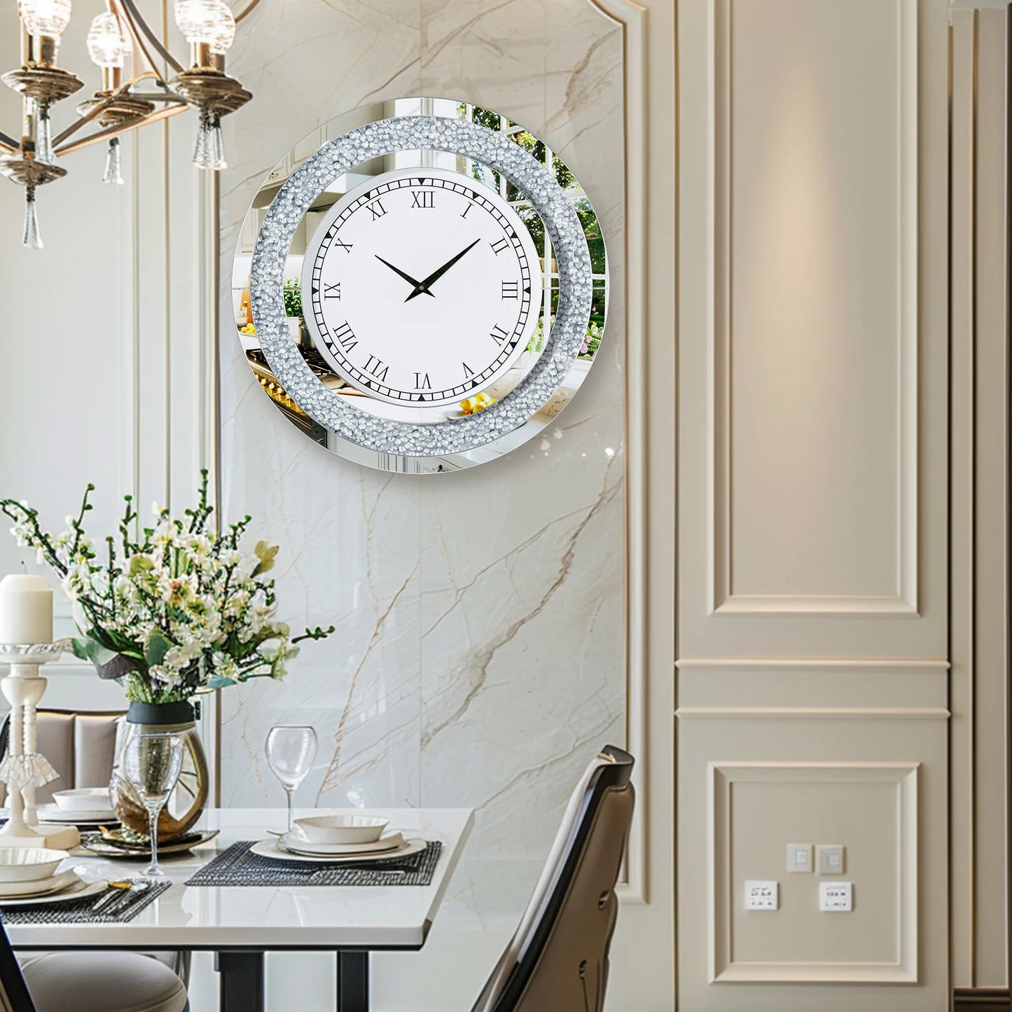 Round Mirror Wall Clock With Crystal Sparkle Accents