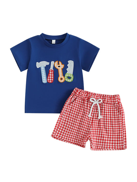 Adorable Baby Boys Outfit Set With Animal Embroidery Plaid Shorts
