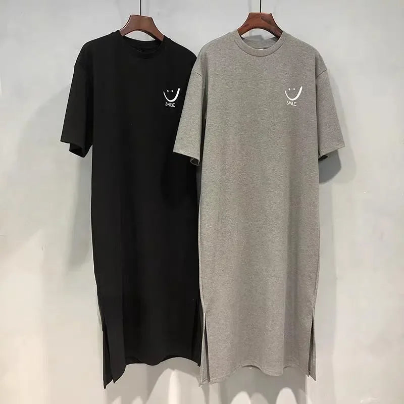 Women's Smiley Side Slit Tee Casual Loose Fit Shirt