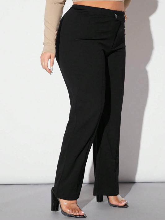 Plus Size High Waist Straight Leg Pants for Women, Black Office Work Trousers with Button Detail