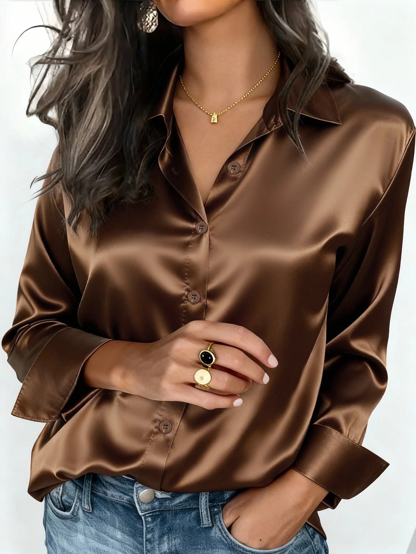 Womens Satin Button Up Blouse Office Or Casual Wear